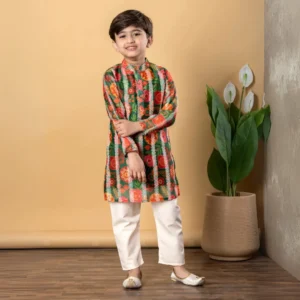 Boys Straight style Chanderi Silk fabric Green color kurta and Pyjama