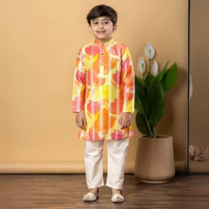 Boys Straight style Chanderi Silk fabric Yellow color kurta and Pyjama