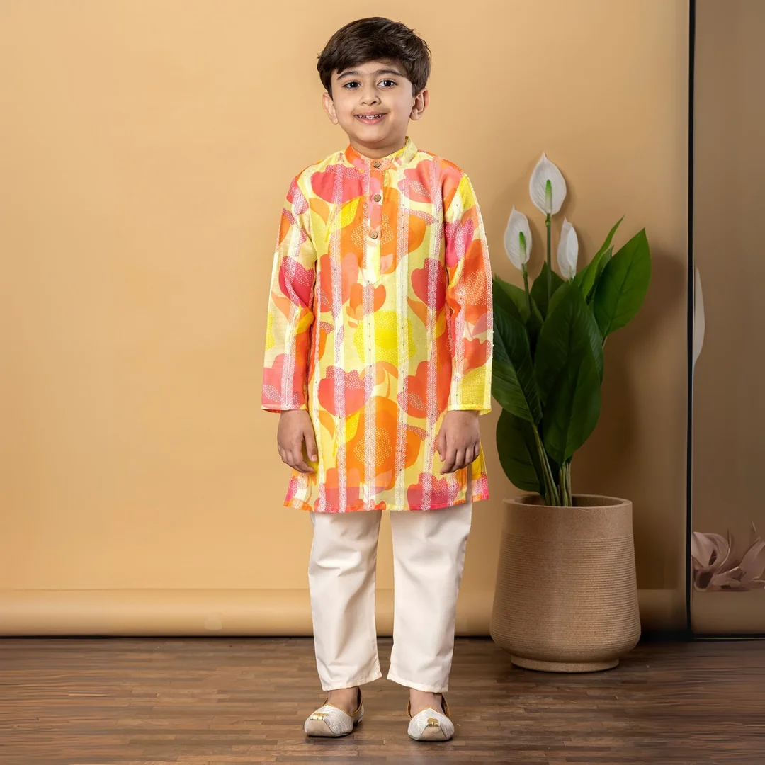 Boys Straight style Chanderi Silk fabric Yellow color kurta and Pyjama