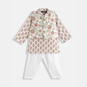 Boys Cotton Fabric Cream color printed Kurta with Nehru jacket and White Pyjama