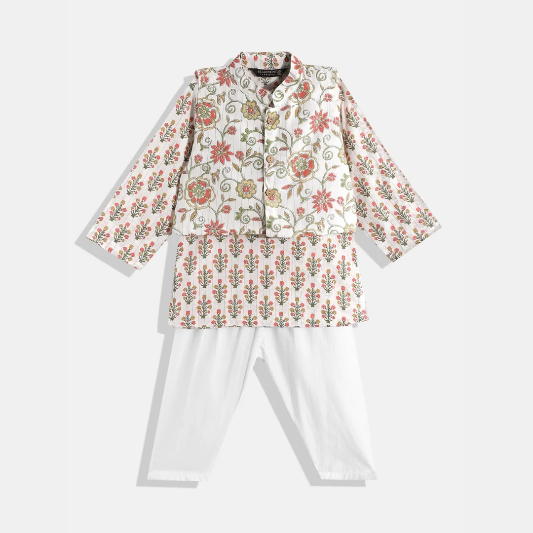 Boys Cotton Fabric Cream color printed Kurta with Nehru jacket and White Pyjama