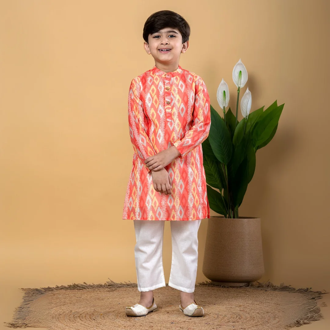 Boys Straight style Chanderi Cotton fabric Peach color kurta and Pyjama