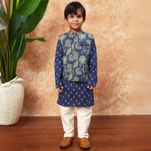 Boys Straight Style Cotton fabric Blue color kurta and Pyjama with Nehru jacket