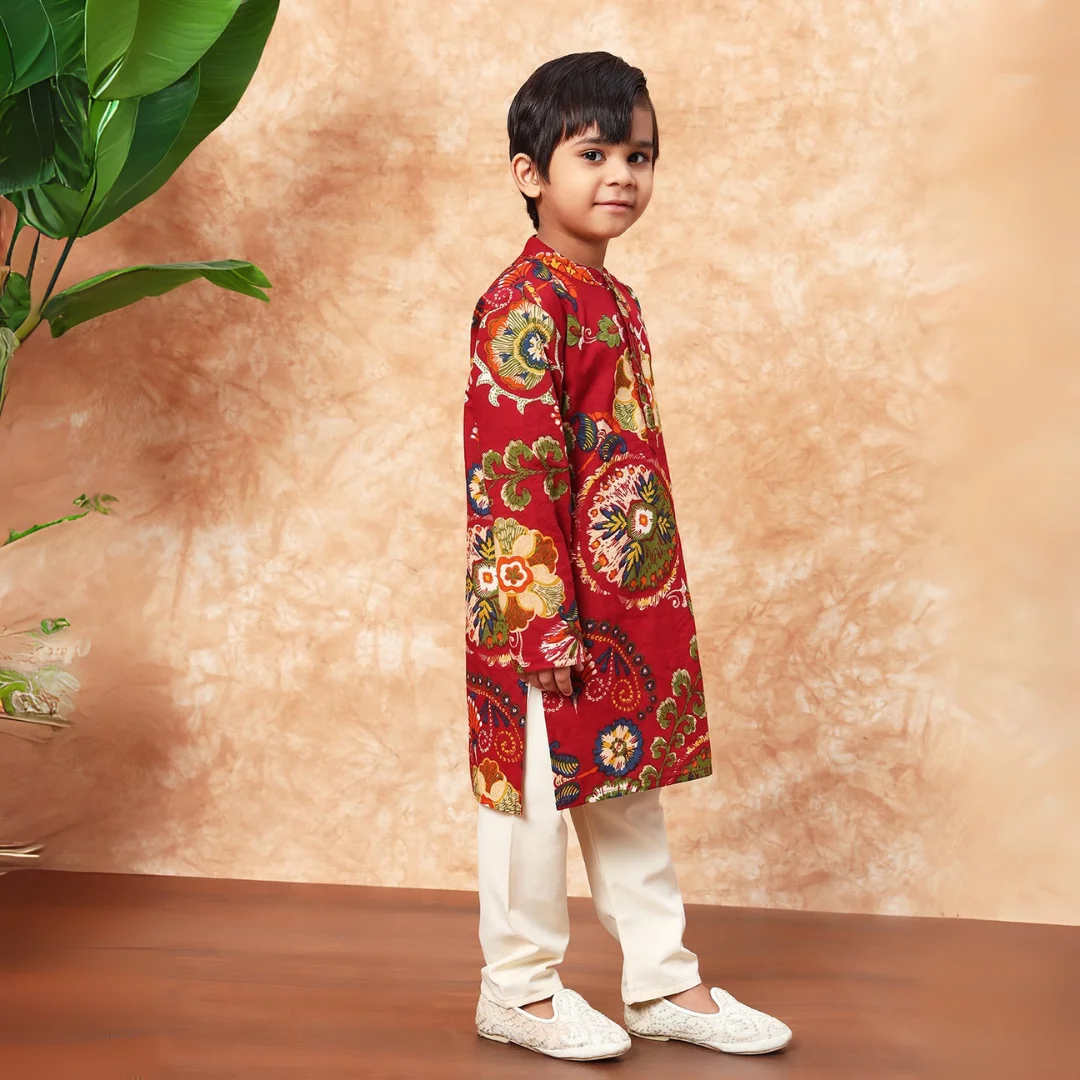 Boys Straight Style Cotton fabric Maroon color kurta and Pyjama