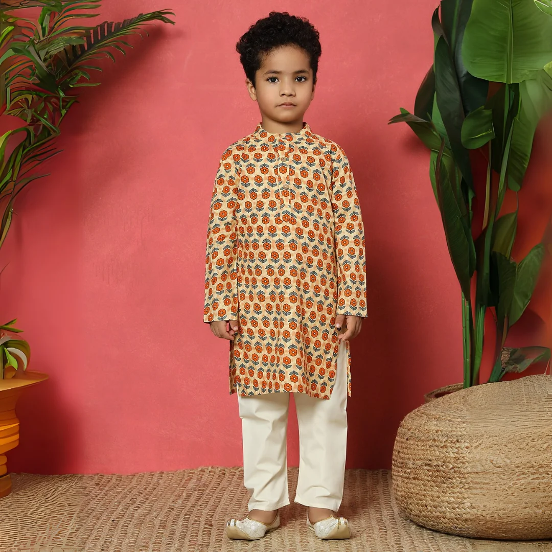 Boys Straight Style Cotton fabric Orange color kurta and Pyjama