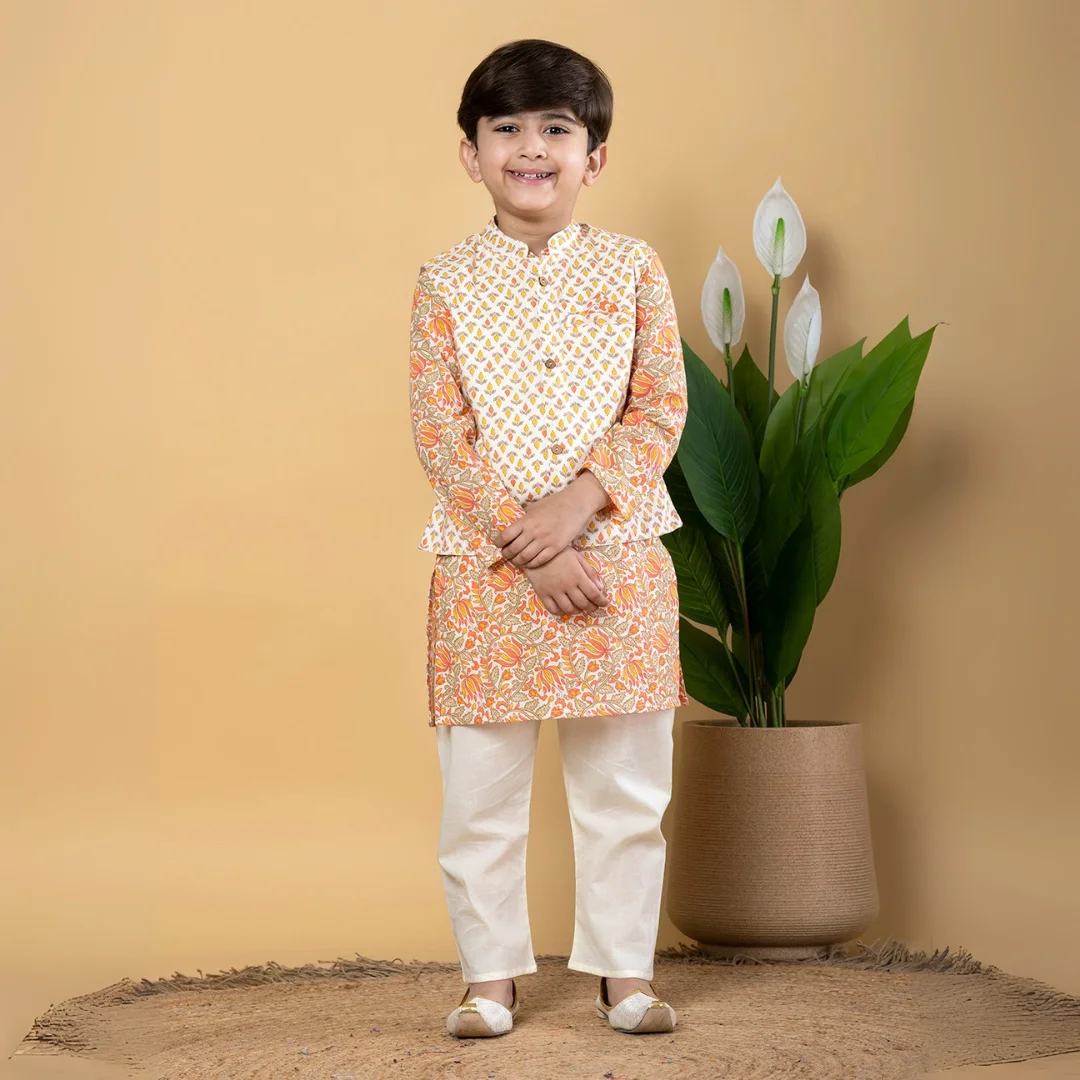 Boys Straight style Cotton fabric Peach color kurta and Pyjama with Nehru jacket