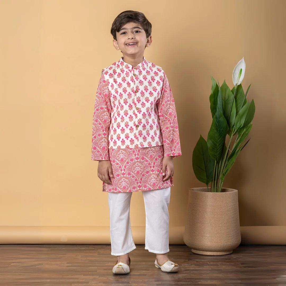 Boys Straight style Cotton fabric Pink color kurta and Pyjama with Nehru jacket