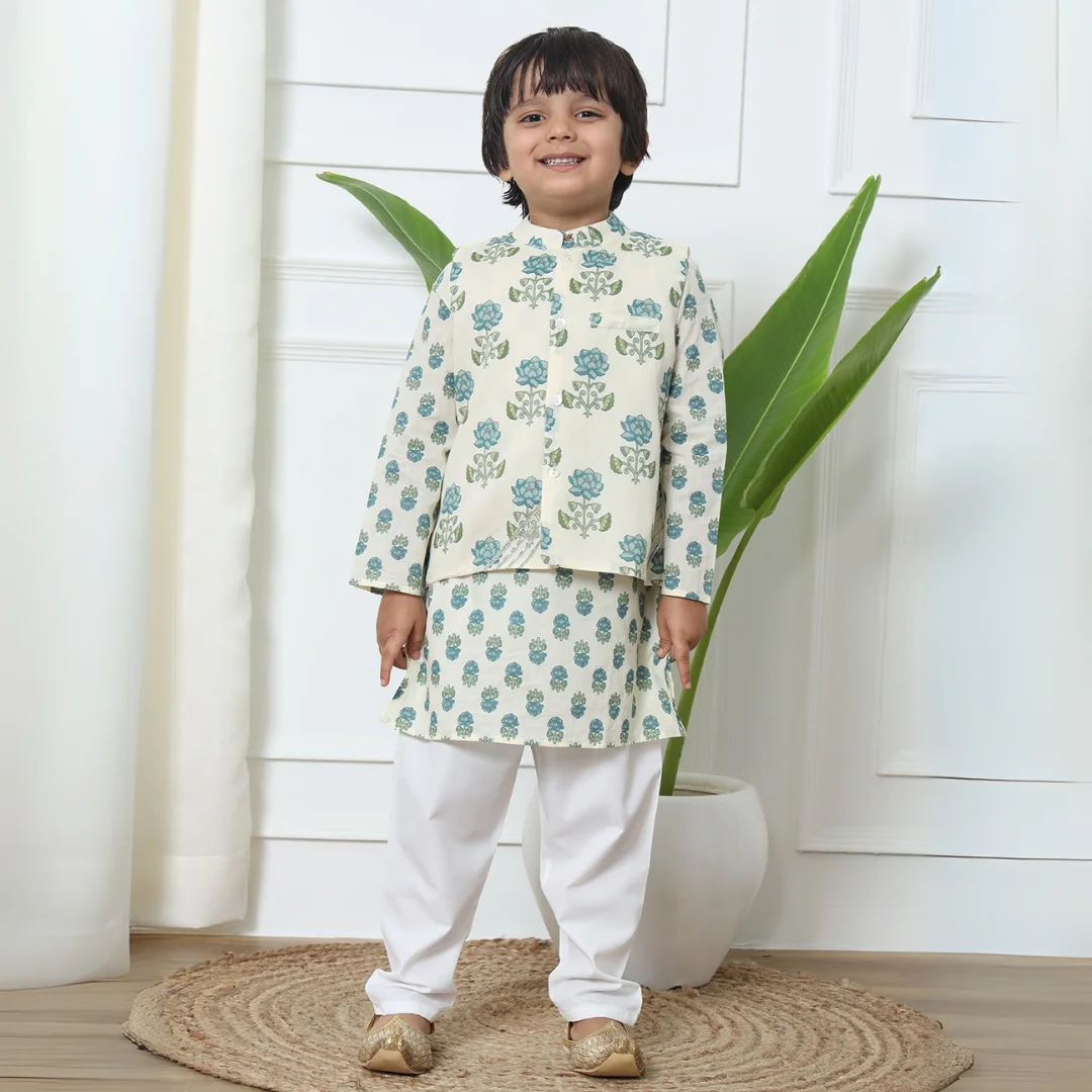 Boys Straight Style Cotton fabric Teal color kurta and Pyjama with Nehru jacket