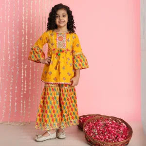 Frock style Cotton fabric orange color printed Kurta and Sharara