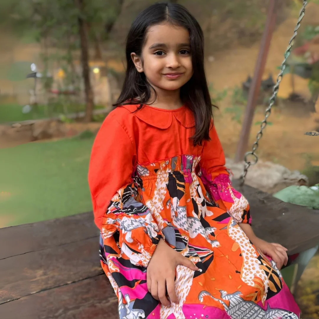 Girls Asymmetrical Colorblock Cotton Dress – Orange