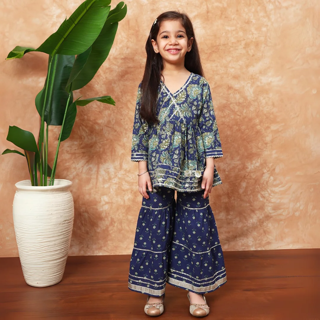 Frock style Cotton fabric Blue color Kurti with Sharara