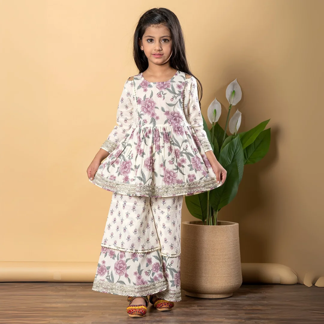 Frock style Cotton fabric Cream color Kurti with Sharara