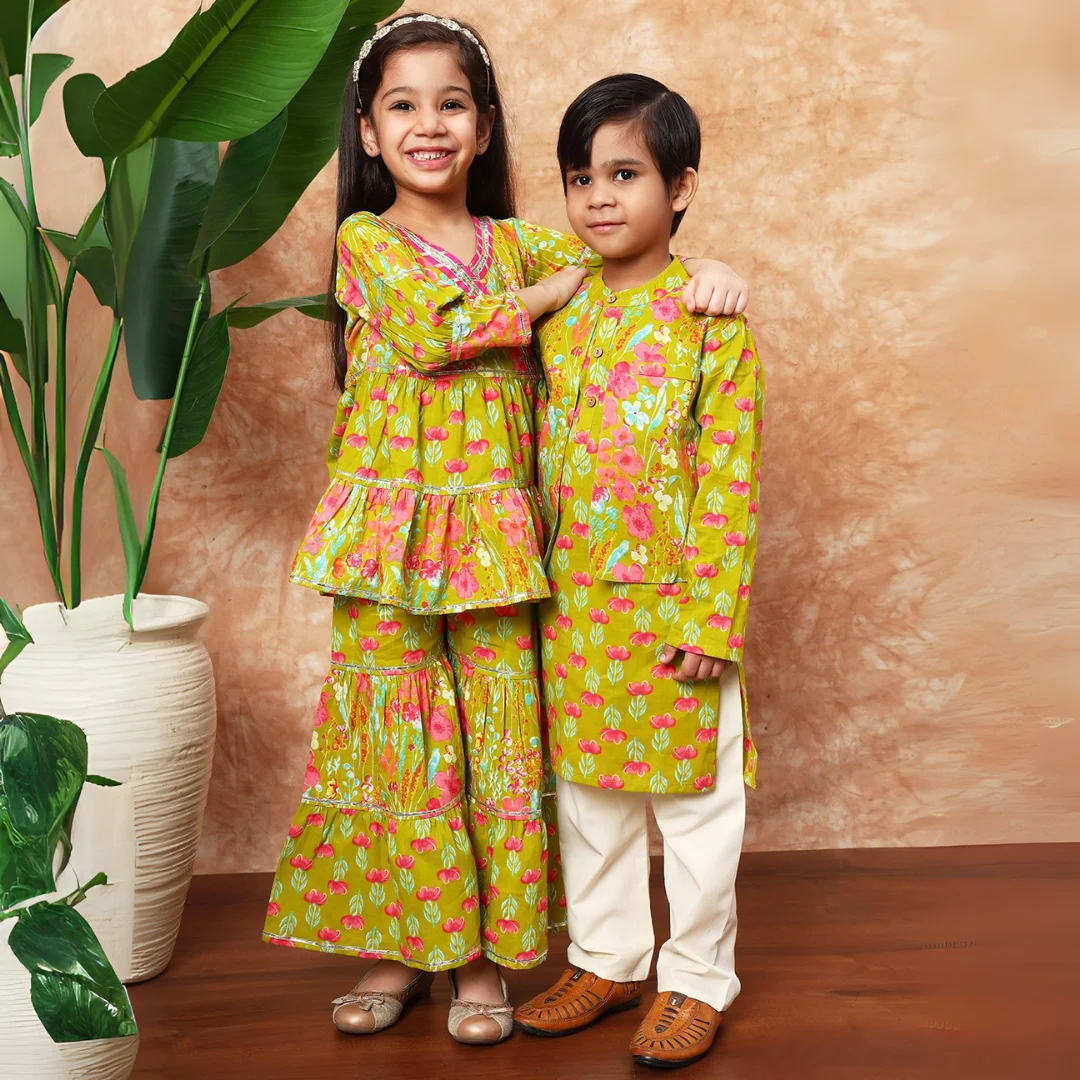 Elegant Green Duo ? Sharara Kurti & Jacket Kurta Set for Siblings