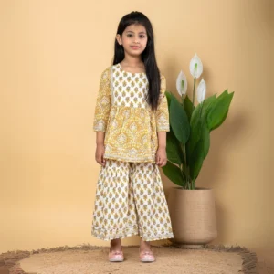 Frock style Cotton fabric Green color Kurti with Sharara