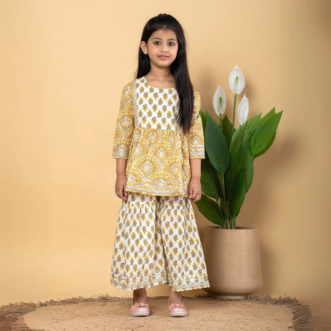 Frock style Cotton fabric Green color Kurti with Sharara