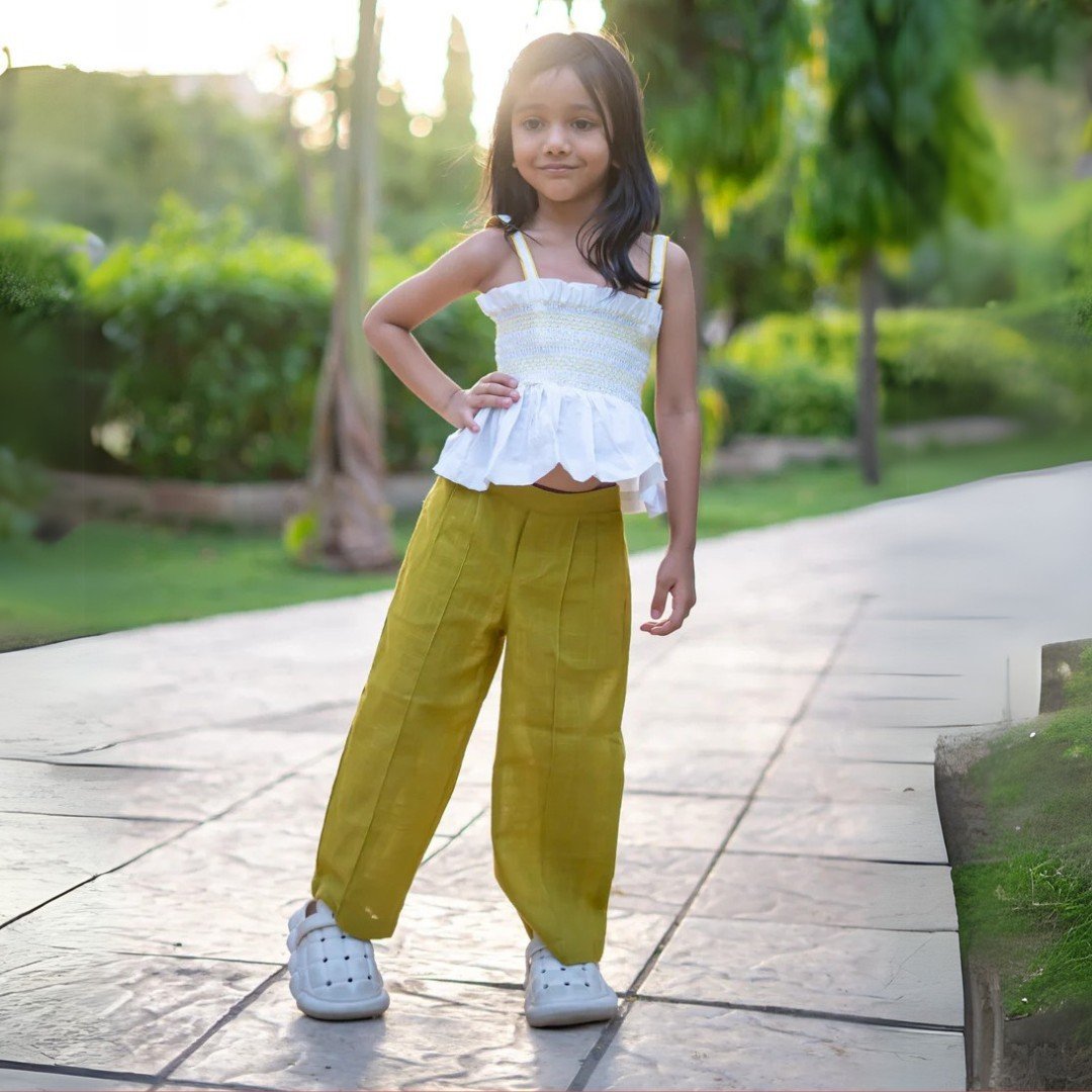 Girls Tropical Smocked Crop Top & Pleated Cotton Pants – Green