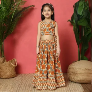 Wrap style Cotton fabric Orange color printed lehenga choli