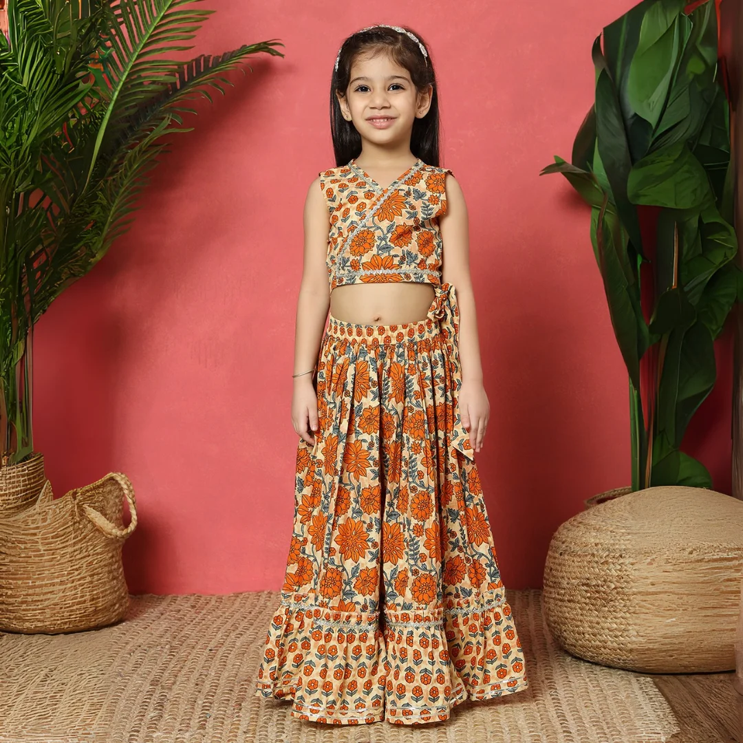 Wrap style Cotton fabric Orange color printed lehenga choli